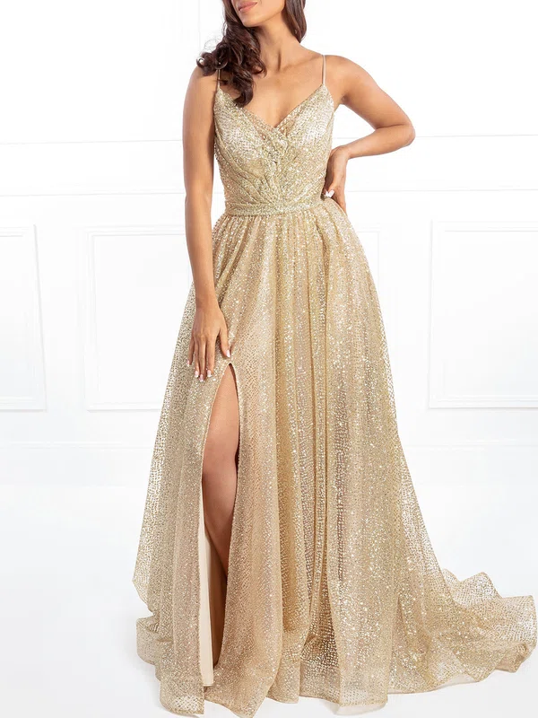 Ball Gown/Princess V-neck Glitter Sweep Train Prom Dresses With Ruffles #Milly020118695