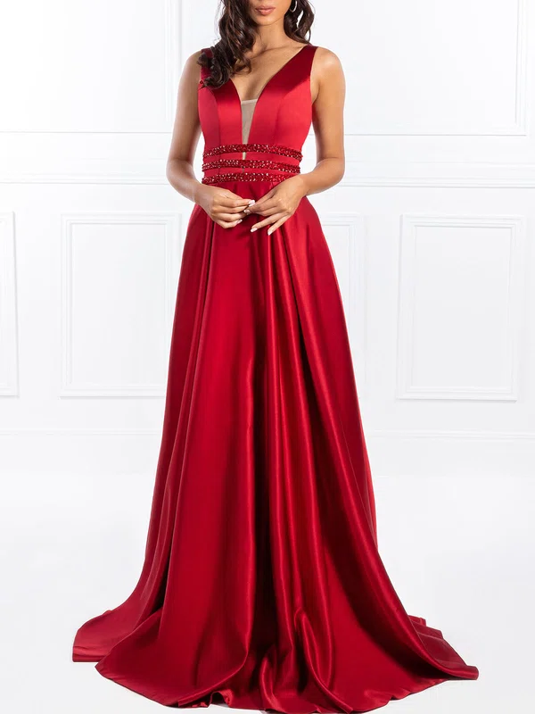 Ball Gown/Princess V-neck Satin Floor-length Prom Dresses With Beading #Milly020118696