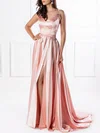 Ball Gown/Princess V-neck Silk-like Satin Sweep Train Prom Dresses With Split Front #Milly020118701