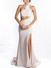 Trumpet/Mermaid Halter Shimmer Crepe Sweep Train Prom Dresses With Split Front #Milly020118702