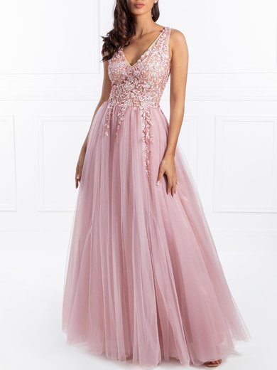 Ball Gown/Princess V-neck Tulle Floor-length Prom Dresses With Beading #Milly020118703