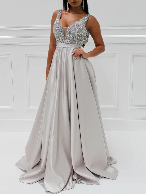 Ball Gown/Princess V-neck Satin Sweep Train Prom Dresses With Beading #Milly020118706