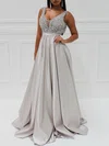 Ball Gown/Princess V-neck Satin Sweep Train Prom Dresses With Beading #Milly020118706