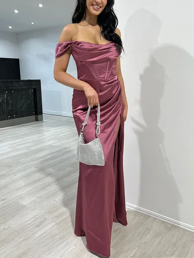 Sheath/Column Off-the-shoulder Silk-like Satin Floor-length Prom Dresses With Ruched #Milly020117772