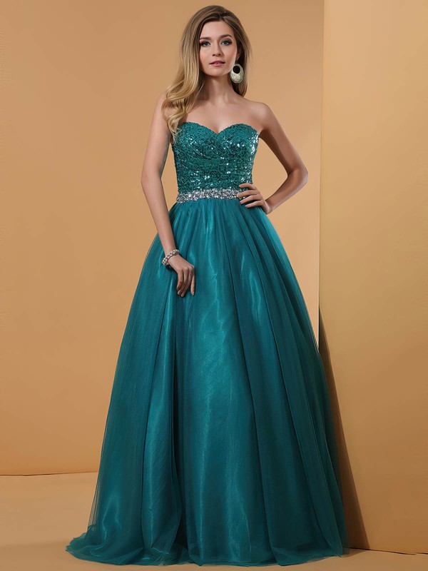 Dark Green Tulle Sequined Crystal Detailing Sweetheart Ball Gown Prom ...