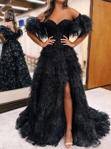 Ball Gown Sweetheart Tulle Puff Sleeve Tiered Prom Dresses #Milly020119666
