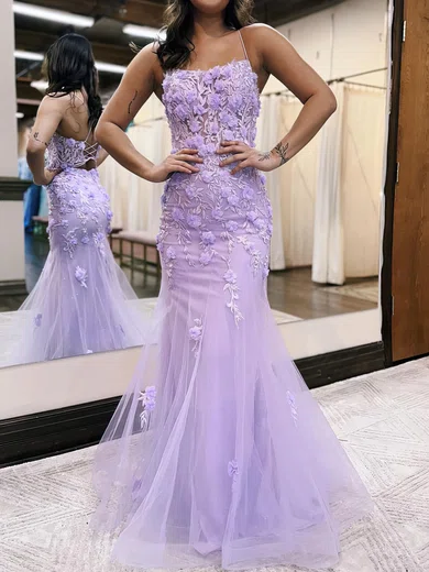 Trumpet/Mermaid Square Neckline Tulle Sweep Train Prom Dresses With Flower(s) S020119671