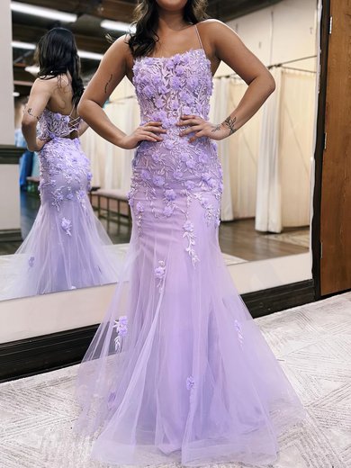 Trumpet/Mermaid Square Neckline Tulle Sweep Train Prom Dresses With Flower(s) #Milly020119671