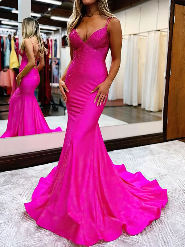 Trumpet/Mermaid V-neck Jersey Sweep Train Prom Dresses With Crystal Detailing #Milly020119676