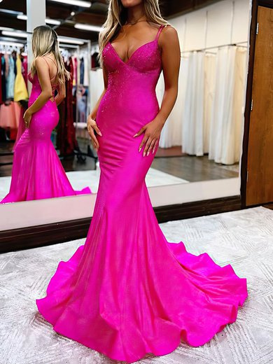Trumpet/Mermaid V-neck Jersey Sweep Train Prom Dresses With Crystal Detailing #Milly020119676