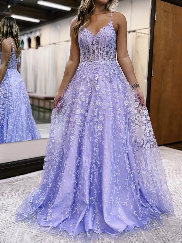 Ball Gown/Princess V-neck Glitter Floor-length Prom Dresses With Appliques Lace #Milly020119678