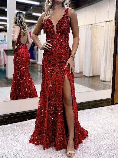 Trumpet/Mermaid V-neck Lace Sweep Train Prom Dresses With Beading #Milly020119681