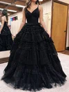 Ball Gown/Princess V-neck Tulle Glitter Sweep Train Prom Dresses With Tiered #Milly020119689