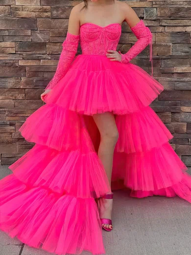 Ball Gown Princess Sweetheart Lace Tulle Asymmetrical Prom Dresses With Tiered