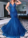 Trumpet/Mermaid V-neck Tulle Glitter Sweep Train Prom Dresses With Appliques Lace #Milly020119704