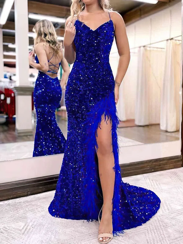 Mermaid V-neck Sparkly Velvet Sequin Prom Dresses With Feathers #Milly020119710