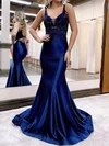 Trumpet/Mermaid V-neck Silk-like Satin Sweep Train Prom Dresses With Beading #Milly020119715