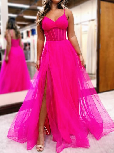 Ball Gown/Princess V-neck Tulle Sweep Train Prom Dresses With Split Front S020119717