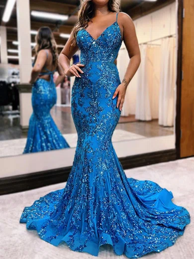 Mermaid V-neck Sparkly Sequin Prom Dresses With Appliques #Milly020119720