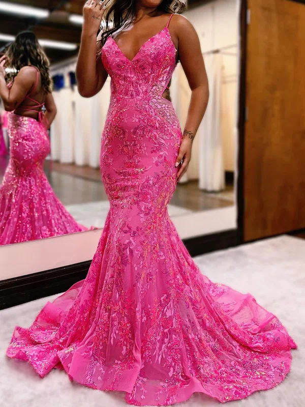Trumpet/Mermaid V-neck Lace Sweep Train Prom Dresses With Appliques Lace #Milly020119721