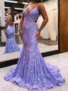 Trumpet/Mermaid V-neck Lace Sweep Train Prom Dresses With Appliques Lace #Milly020119722