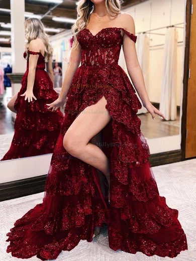 Tie Shoulder A Line Sequin Burgundy Straps Prom Dress With Train Tie Shoulder A Line Sequin Burgundy Straps Prom Dress With Train