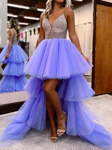 Ball Gown/Princess V-neck Tulle Asymmetrical Prom Dresses With Tiered #Milly020119744