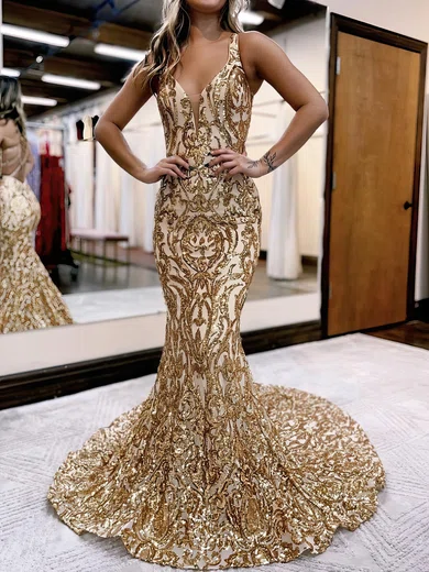 Mermaid V-neck Sparkly Sequin Prom Dresses #Milly020119745