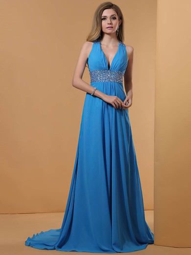 Wholesale Chiffon Beading and Sweep Train V-neck Blue Prom Dress #02014346