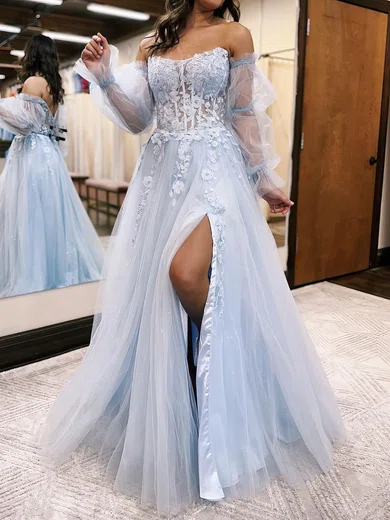 Ball Gown Strapless Tulle Puff Sleeve Prom Dresses With Appliques #Milly020119754