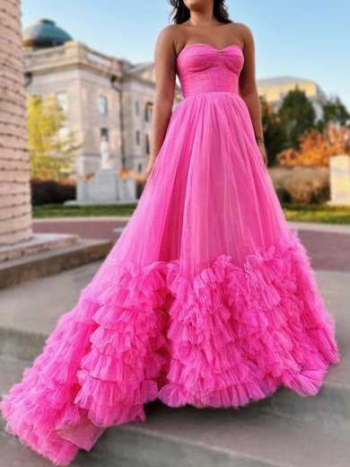 Ball Gown/Princess Sweetheart Tulle Glitter Sweep Train Prom Dresses With Cascading Ruffles S020119756