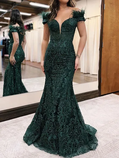Mermaid Off-the-shoulder Sparkly Sequin Prom Dresses With Feather #Milly020119760