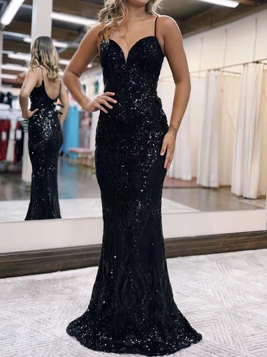 Black Mermaid V-neck Backless Sparkly Sequin Prom Dresses #Milly020119787
