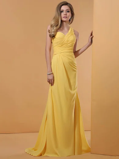 Yellow Chiffon Crystal Detailing Trendy One Shoulder Sheath/Column Prom Dresses #02023191