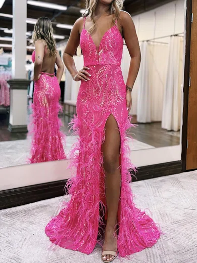 Sheath/Column V-neck Backless Sparkly Sequin Prom Dresses With Feather #Milly020119788