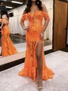 Trumpet/Mermaid Off-the-shoulder Glitter Sweep Train Prom Dresses With Feathers / Fur #Milly020119795