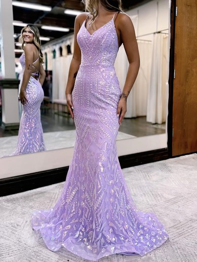 Trumpet/Mermaid V-neck Sequined Sweep Train Prom Dresses #Milly020119800