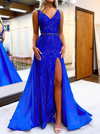 Trumpet/Mermaid V-neck Satin Sequined Watteau Train Prom Dresses With Beading #Milly020119802