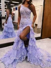 Ball Gown/Princess One Shoulder Tulle Sweep Train Prom Dresses With Appliques Lace #Milly020119809