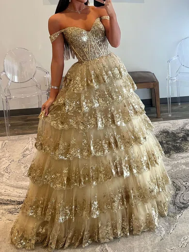 Princess Off-the-shoulder Sequin Tiered Prom Dresses #Milly020119561