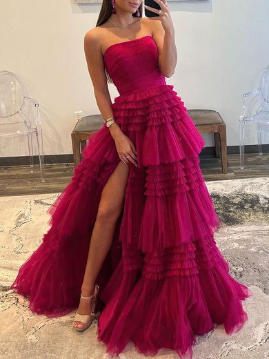Ball Gown/Princess Straight Tulle Glitter Sweep Train Prom Dresses With Tiered S020119567