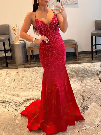 Trumpet/Mermaid V-neck Jersey Sweep Train Prom Dresses With Beading S020119569