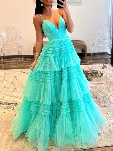 Ball Gown/Princess V-neck Tulle Glitter Sweep Train Prom Dresses With Tiered #Milly020119576