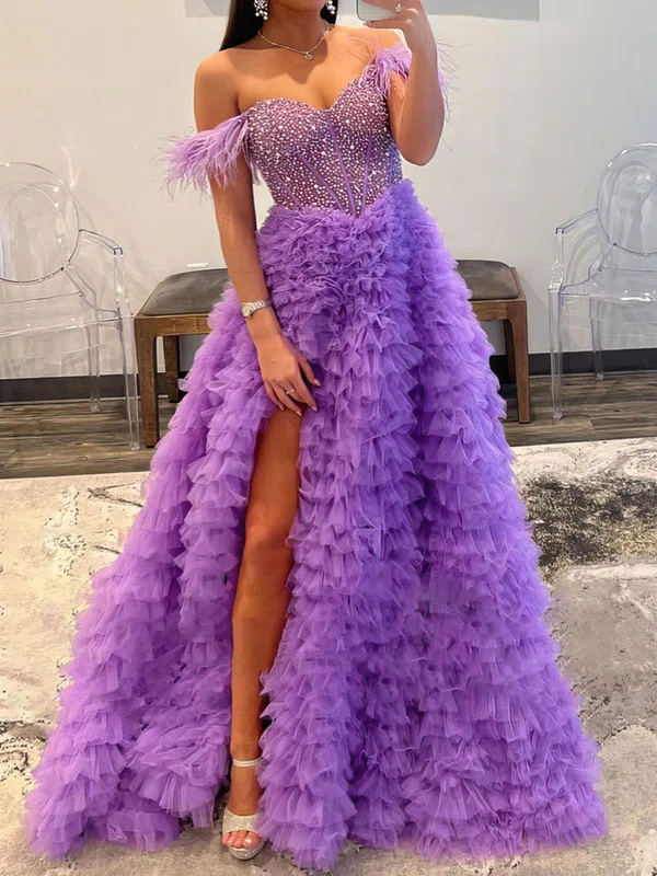 Ball Gown Off-the-shoulder Tulle Tiered Prom Dresses With Feather #Milly020119578