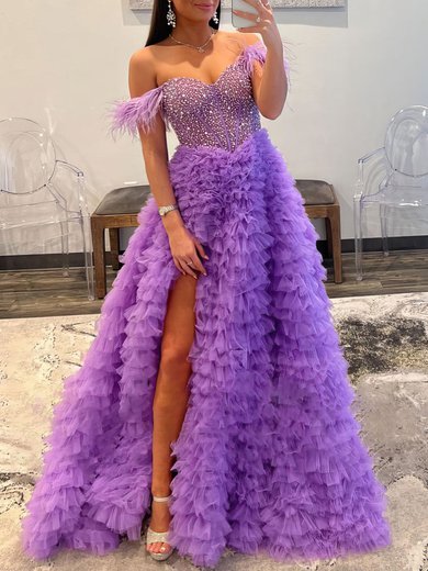 Ball Gown/Princess Off-the-shoulder Tulle Sweep Train Prom Dresses With Feathers / Fur #Milly020119578