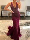 Trumpet/Mermaid V-neck Velvet Sweep Train Prom Dresses With Crystal Detailing #Milly020119594