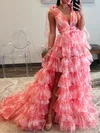 Ball Gown/Princess V-neck Tulle Sweep Train Prom Dresses With Tiered #Milly020119597