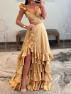 A-line V-neck Silk-like Satin Asymmetrical Prom Dresses With Ruffles #Milly020119598