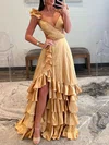 A-line V-neck Silk-like Satin Asymmetrical Prom Dresses With Ruffles #Milly020119598