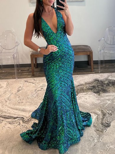 Trumpet/Mermaid V-neck Sequined Sweep Train Prom Dresses #Milly020119599